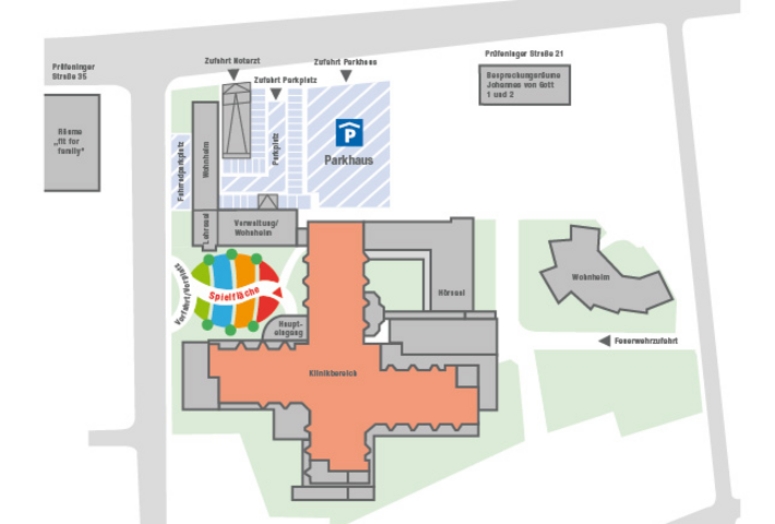 Übersichtsplan Klinik St. Hedwig (Grafik: de-Agentur) Der Übersichtsplan zeigt die wichtigsten Orientierungspunkte der Klinik St. Hedwig.