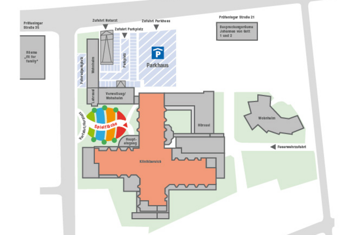 Übersichtsplan Klinik St. Hedwig (Grafik: de-Agentur) Der Übersichtsplan zeigt die wichtigsten Orientierungspunkte der Klinik St. Hedwig.