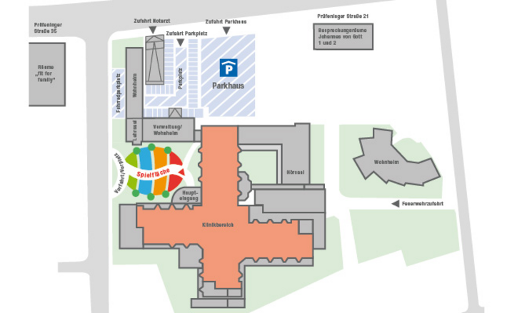 Übersichtsplan Klinik St. Hedwig (Grafik: de-Agentur) Der Übersichtsplan zeigt die wichtigsten Orientierungspunkte der Klinik St. Hedwig.