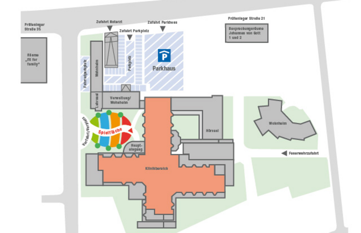 Übersichtsplan Klinik St. Hedwig (Grafik: de-Agentur) Der Übersichtsplan zeigt die wichtigsten Orientierungspunkte der Klinik St. Hedwig.