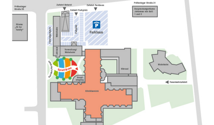 Übersichtsplan Klinik St. Hedwig (Grafik: de-Agentur) Der Übersichtsplan zeigt die wichtigsten Orientierungspunkte der Klinik St. Hedwig.