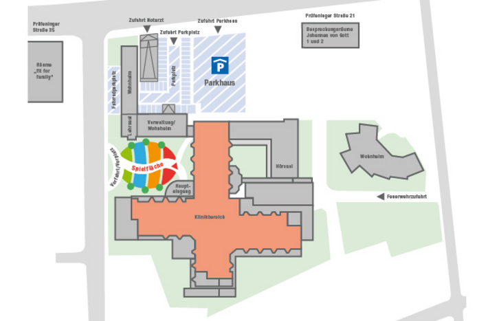 Übersichtsplan Klinik St. Hedwig (Grafik: de-Agentur) Der Übersichtsplan zeigt die wichtigsten Orientierungspunkte der Klinik St. Hedwig.